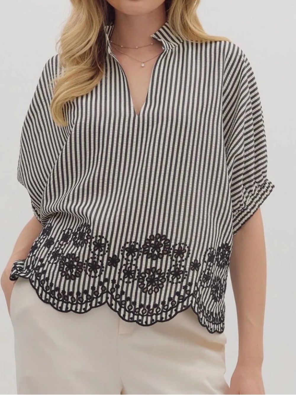 Entro Striped Floral-Trim Blouse